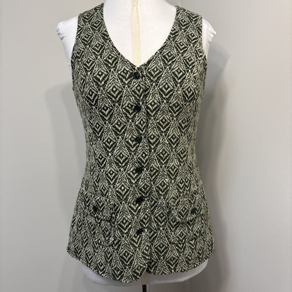 Vintage 70s Bobbie Brooks Wood Vest Green Woven Geometric Boho Hippie Waistcoat